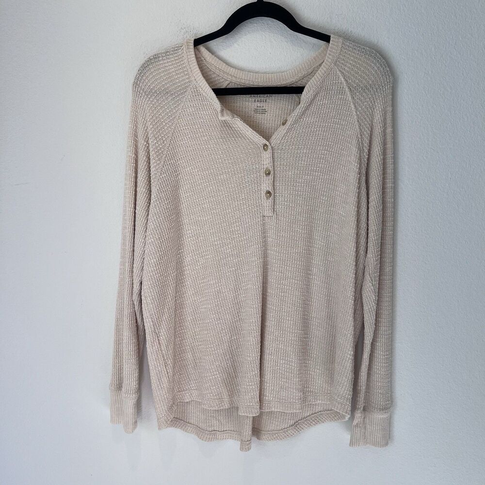 American Eagle Women's Beige Plush Long-Sleeve Henley T-Shirt, Medium Boho - Picture 1 of 7
